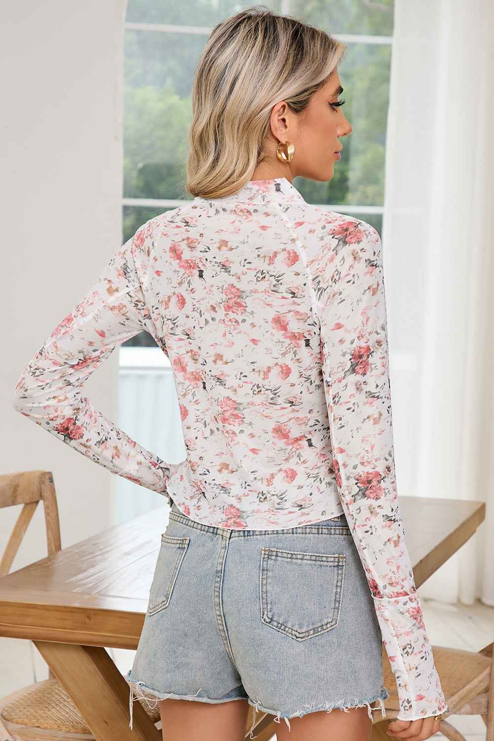 Brown Floral Print Mesh Mock Neck Slim Top 5d1ef0e5eae9ab6b