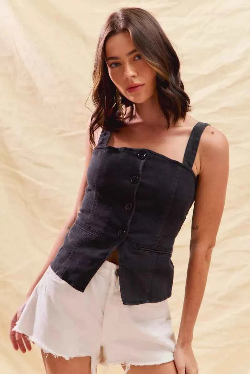 SO ME Button Down Sleeveless Game Day Fitted Denim Top 5d1f9326599042ac91dbbb705624b2af-Max-Origin