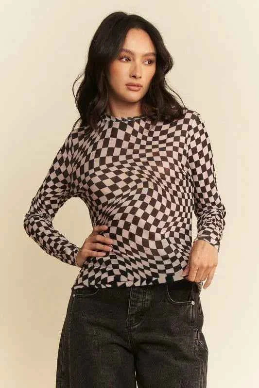 Davi & Dani Checker Board Mesh Long Sleeve Layering Top BLACK 5d226718dde8435589562c4d1fc44e58-Max-Origin
