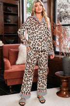 Khaki Leopard Print Colorblock Striped Patchwork Shirt and Pants Pajama Set 5d27daa1618e0391