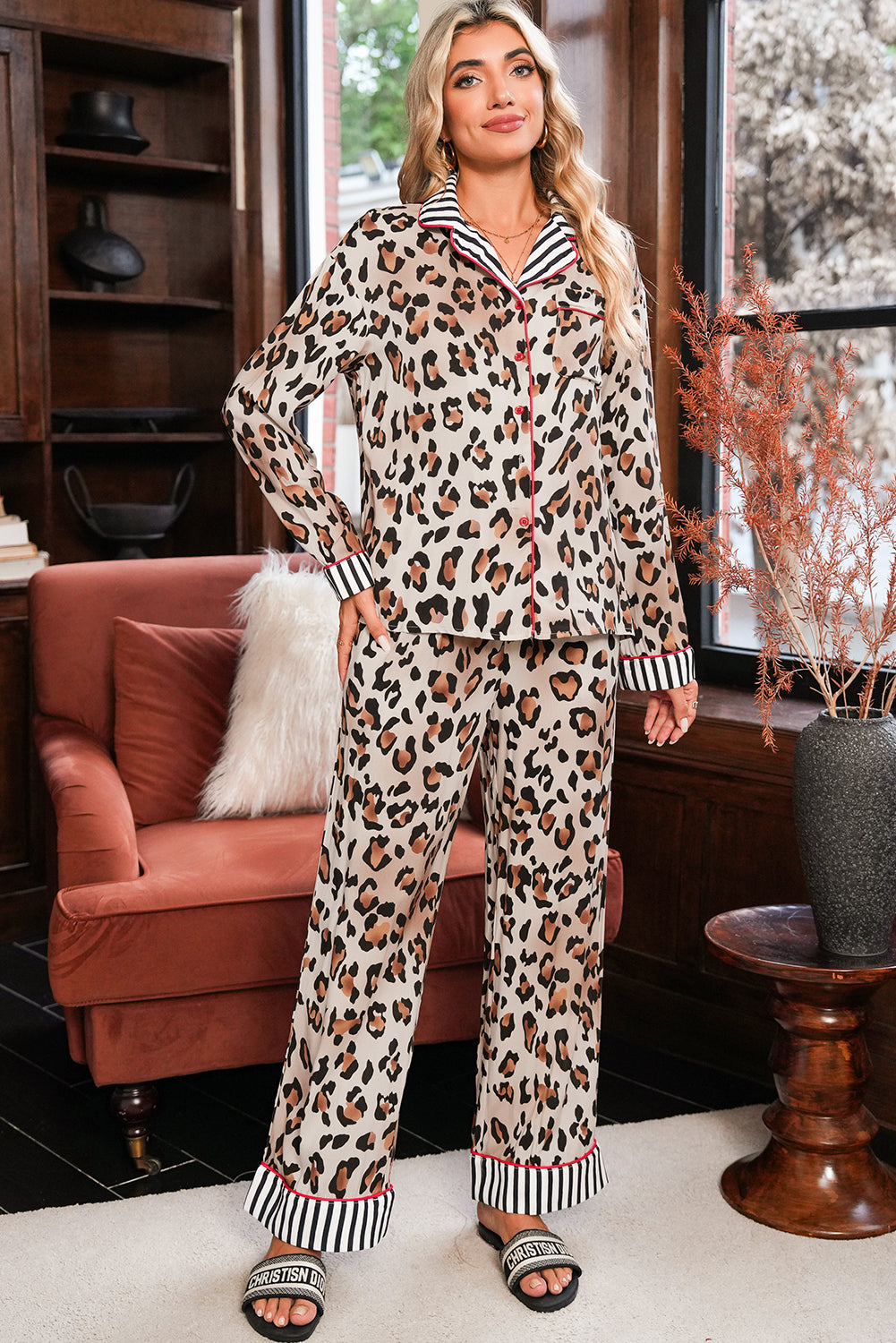 Khaki Leopard Print Colorblock Striped Patchwork Shirt and Pants Pajama Set 5d27daa1618e0391
