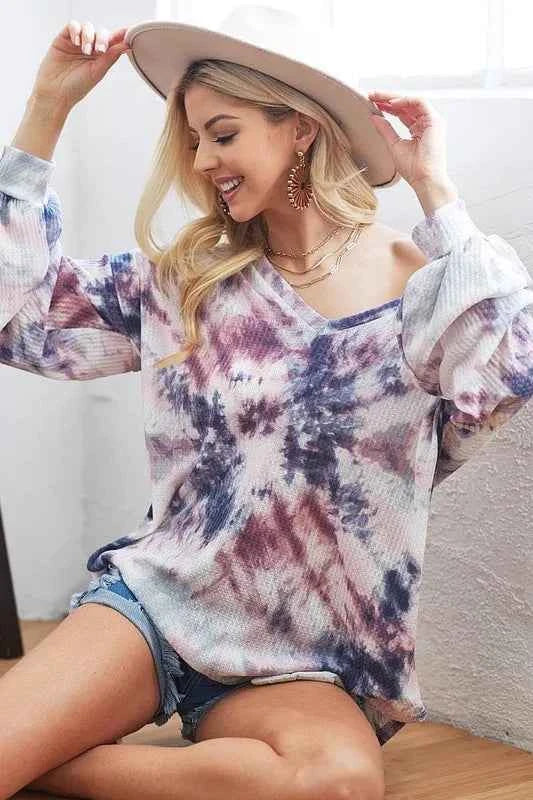 BiBi Tie-Dye V-Neck Long Sleeve Waffle Top 5d2bae8fbcfe4ec5bb0f750d98121bb0-Max-Origin