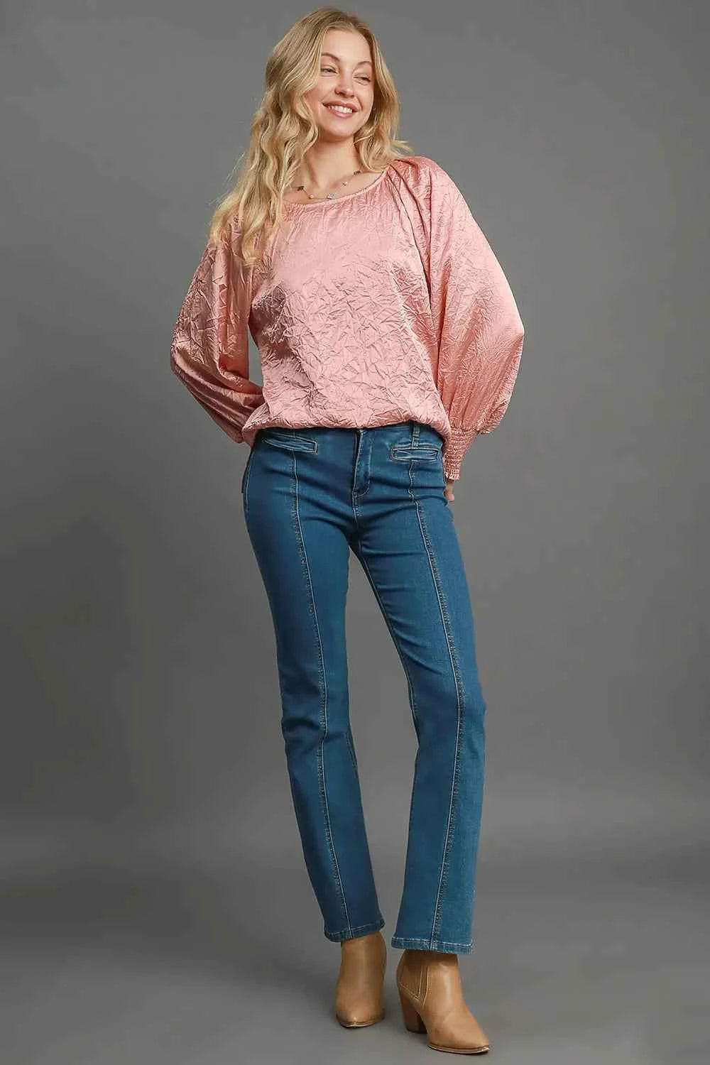 Umgee Wrinkled Round Neck Lantern Sleeve Blouse 5d2e5fd5-e60f-45f2-b053-fc493f0fed75-Max