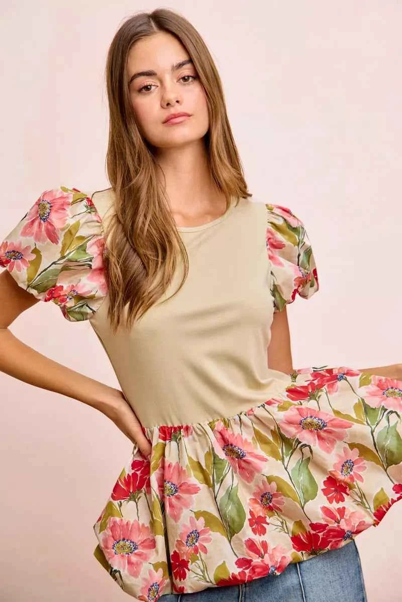 BiBi Floral Printed Bubble Sleeves and Hem Peplum Top 5d31d62f64894986b6875313c5dd6e7a-Max-Origin