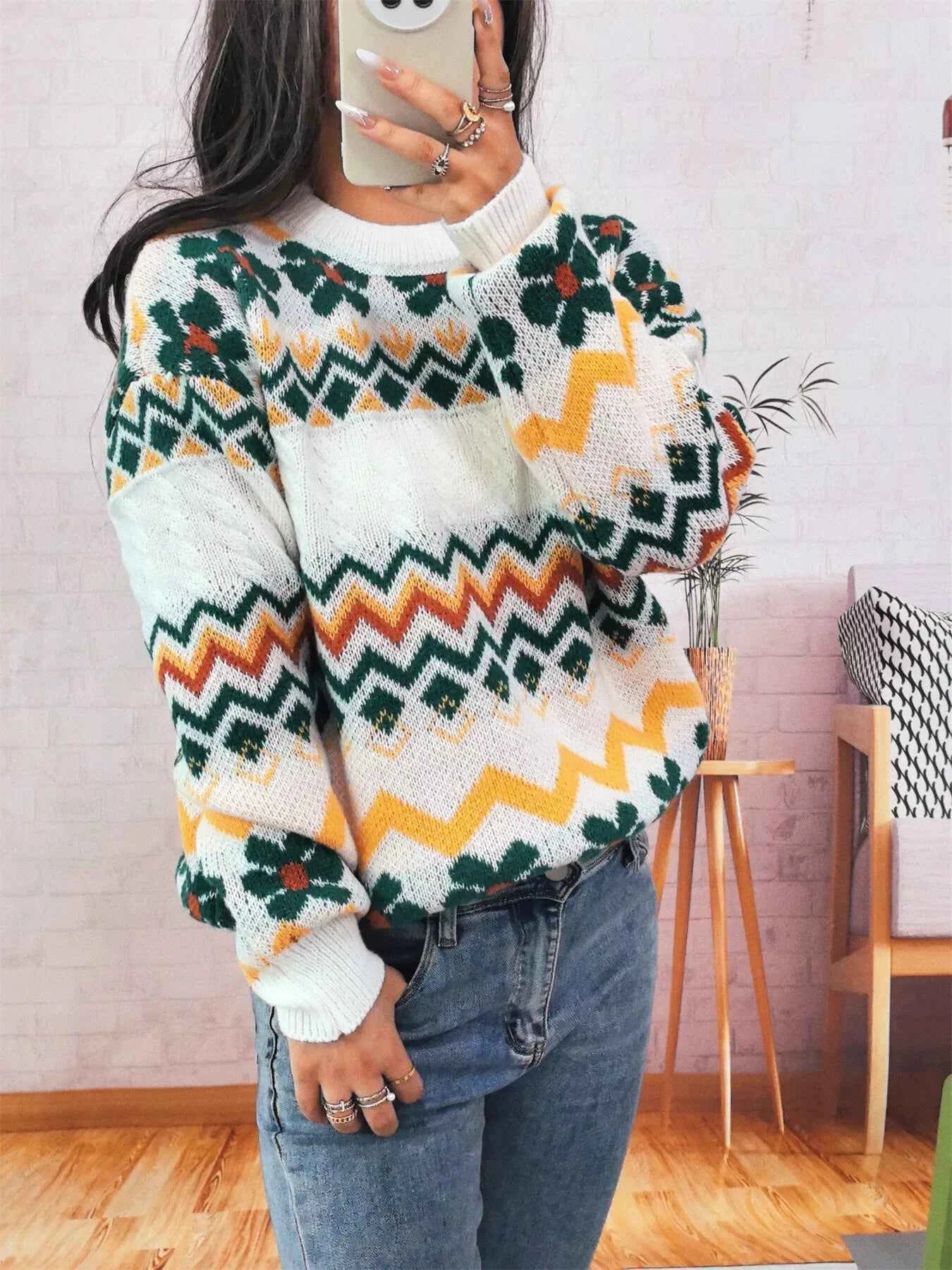 Geometric Round Neck Long Sleeve Sweater 5d33aeaa284146a59486ba4693b1ddd0-Max-Origin