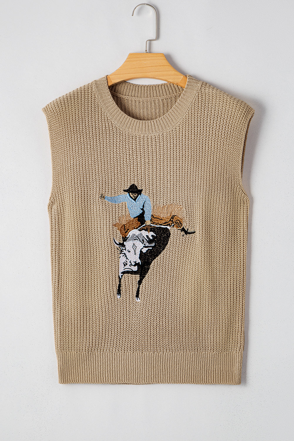 Black Western Cowboy Embroidery Round Neck Sleeveless Sweater 5d3a559f675c730a