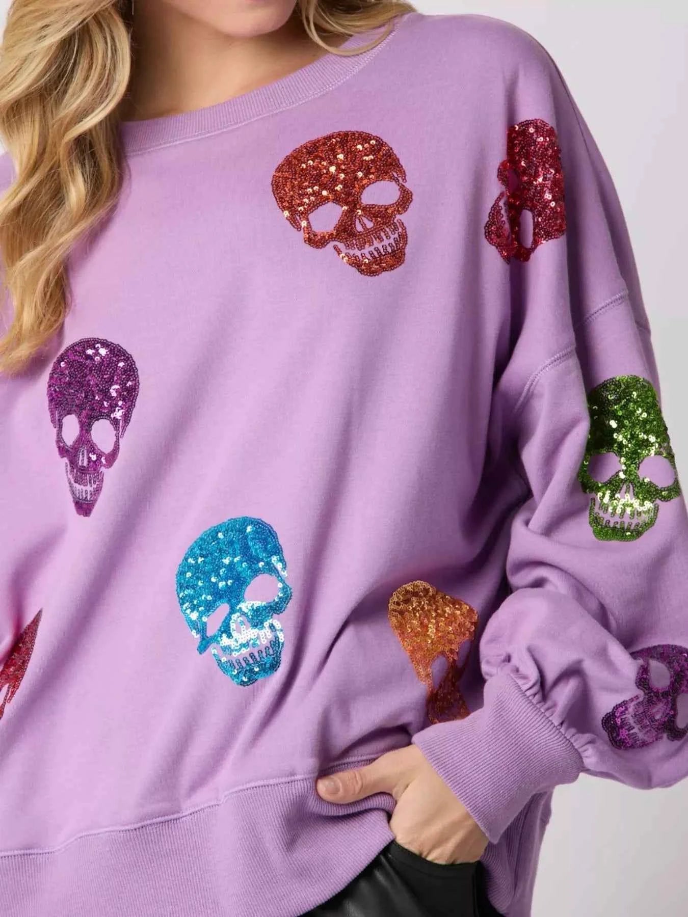Halloween Colorful Skull Sequin Oversized Sweatshirt 5d3cebbc-0877-4040-b1ff-e43a08bde55e-Max-Origin