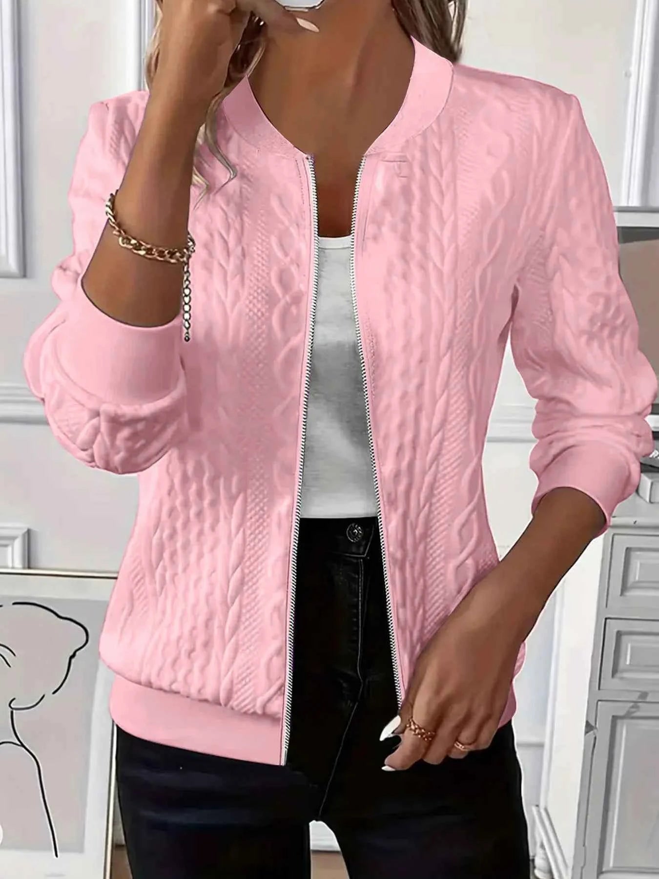 Texture Zip Up Long Sleeve Jacket Pink 5d3e0086f27d48779f1310adee32a165-Max-Origin