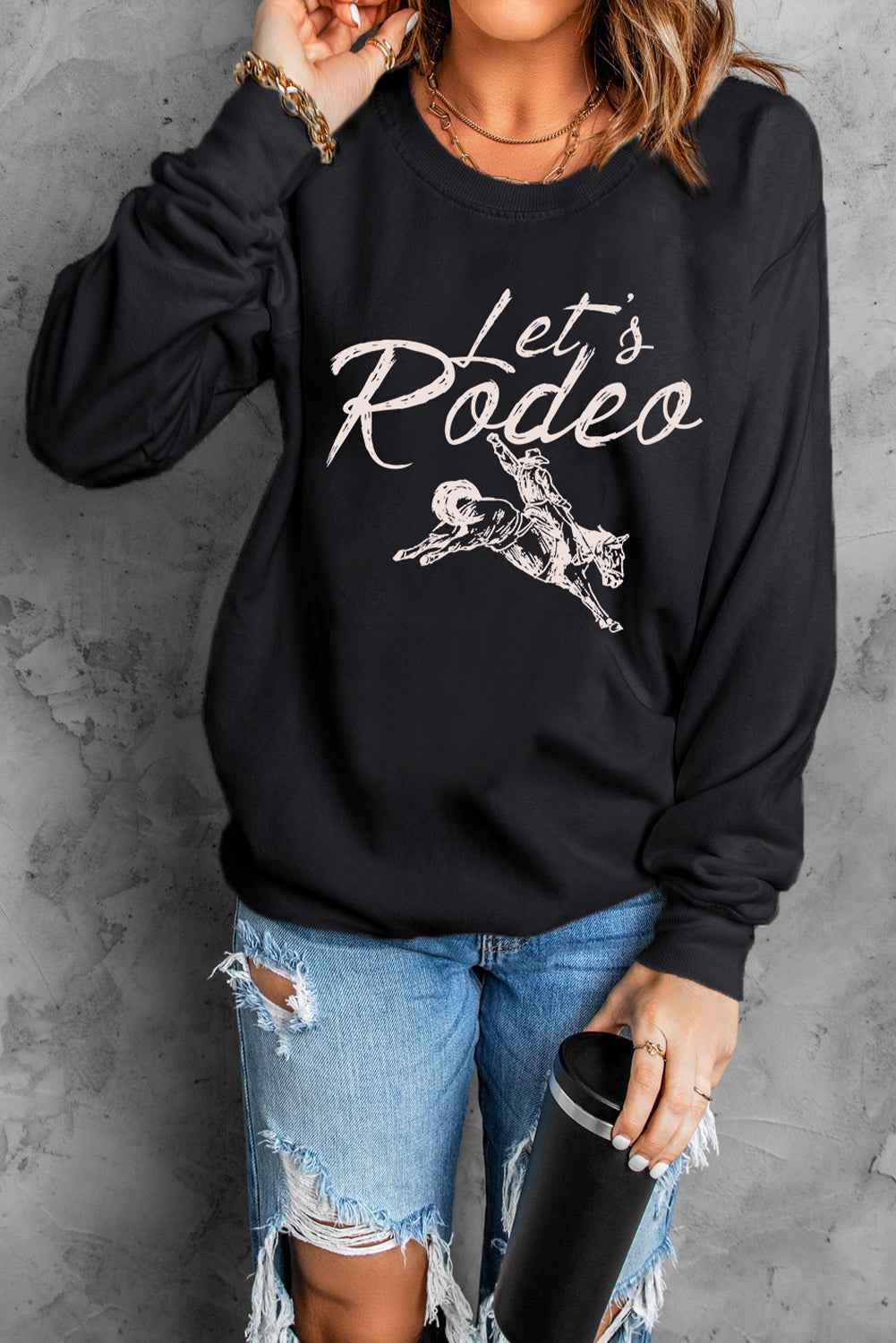 Black Lets Rodeo Western Print Pullover Sweatshirt 5d447f0f3a5a7e5d
