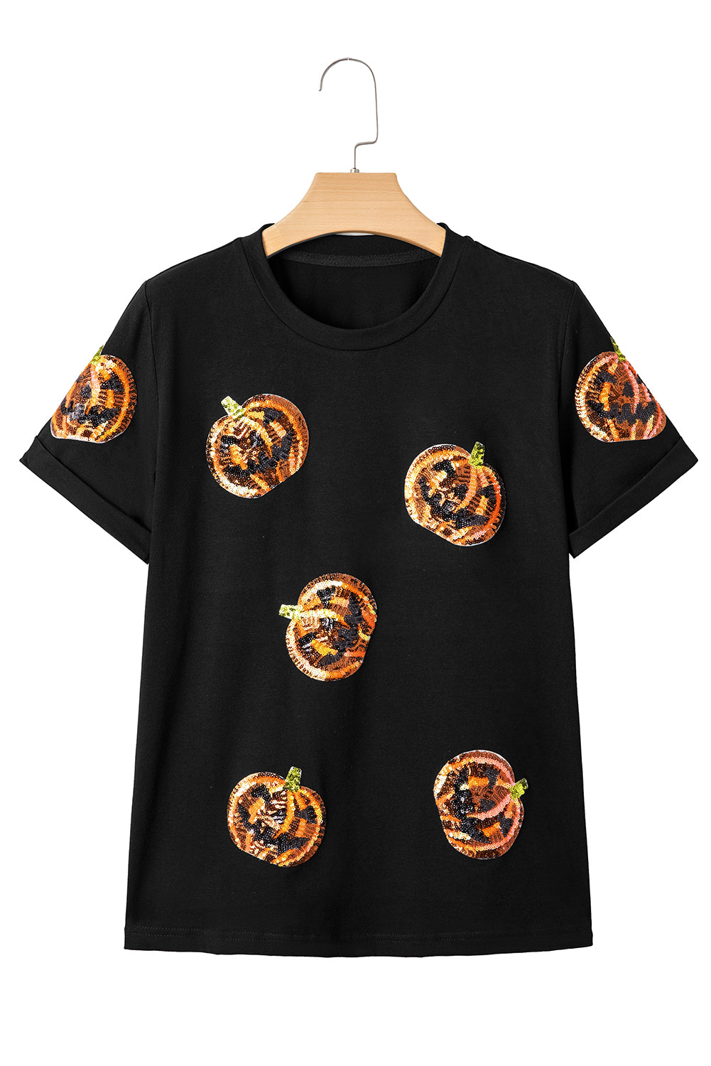 Black Halloween Sequin Pumpkin Face Graphic T Shirt Black 62%Polyester+32%Cotton+6%Elastane 5d4a96d6bb6ddc74