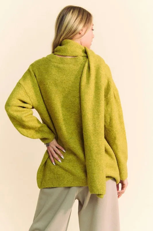 Davi & Dani V-Neck Dropped Shoulder Sweater with Scarf 5d4fea2d-e2e6-414c-8793-3d544d1f1a8d-Max