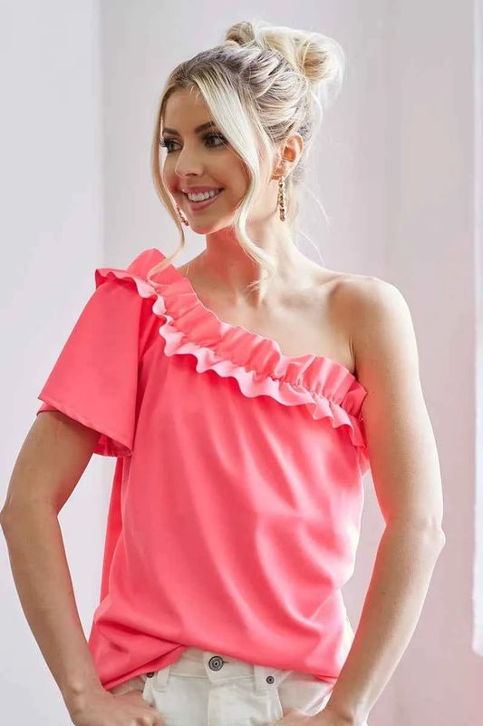 Ruffled Asymmetrical Crepe One Shoulder Top 5d5028c2a29e4fb0b23080291a15bdde-Max-Origin