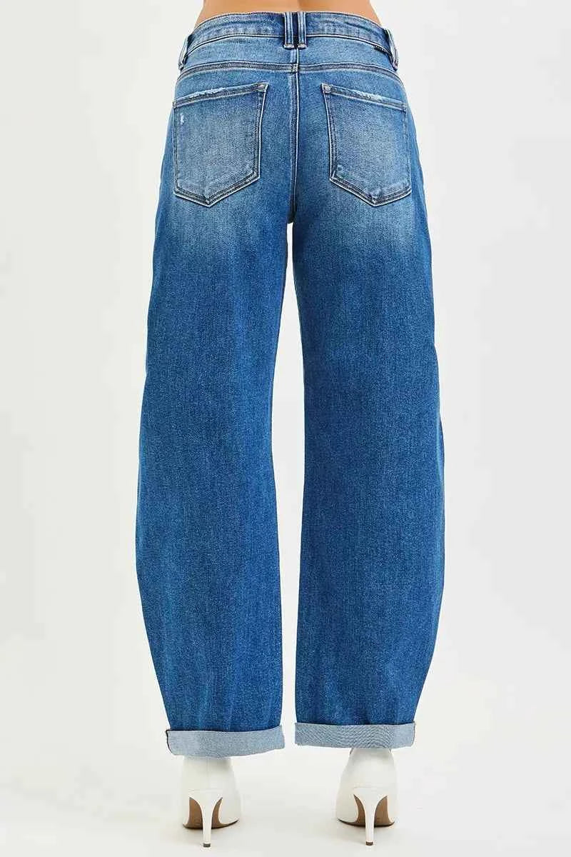 RISEN Full Size Mid Rise Barrel Double Roll Up Jeans Plus Size 5d533c4f274245fd9b3e894bbaca70e6-Max-Origin
