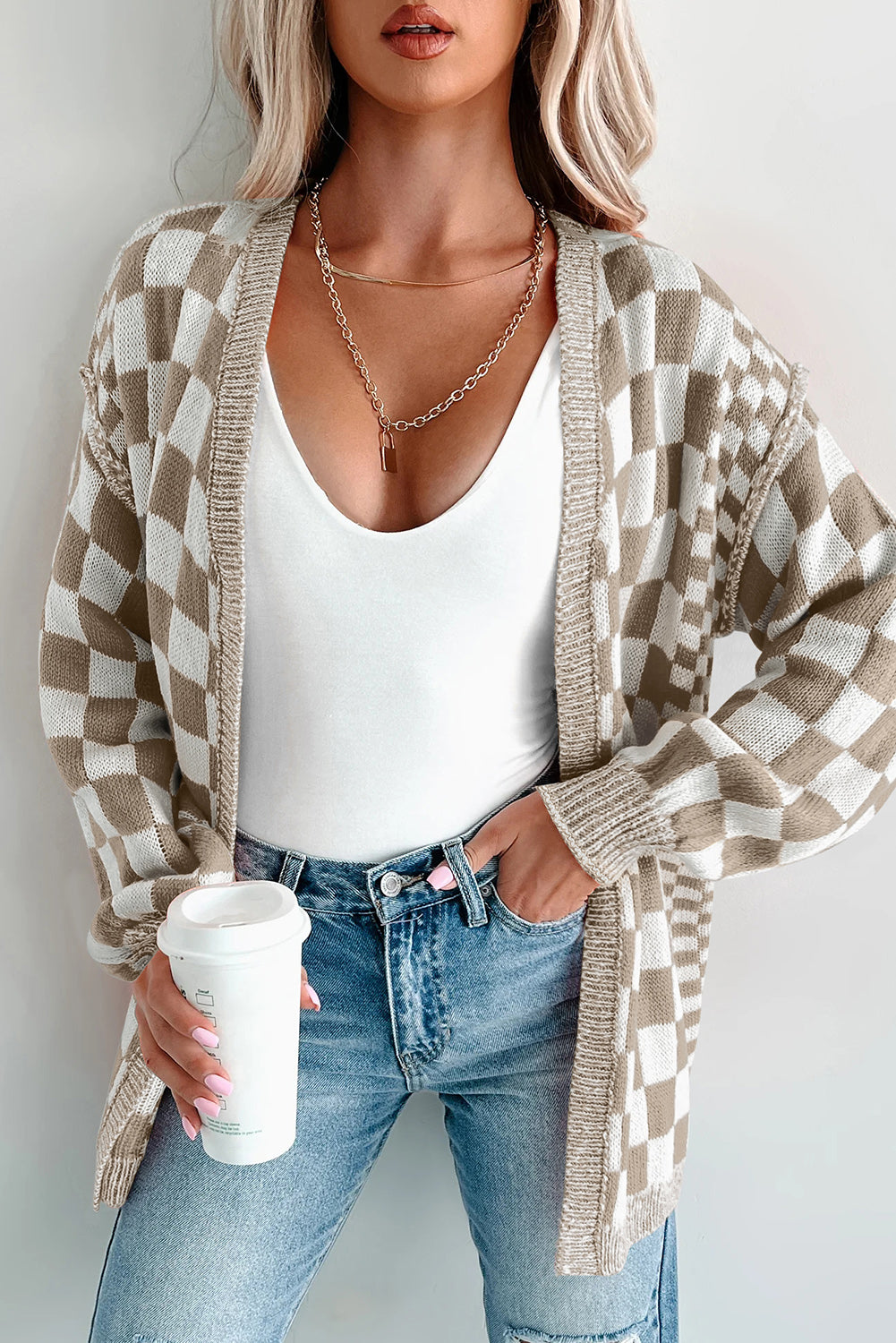 Orange Checkered Open Front Drop Shoulder Cardigan Brown 55%Acrylic+45%Cotton 5d55e7b2a901e9a9