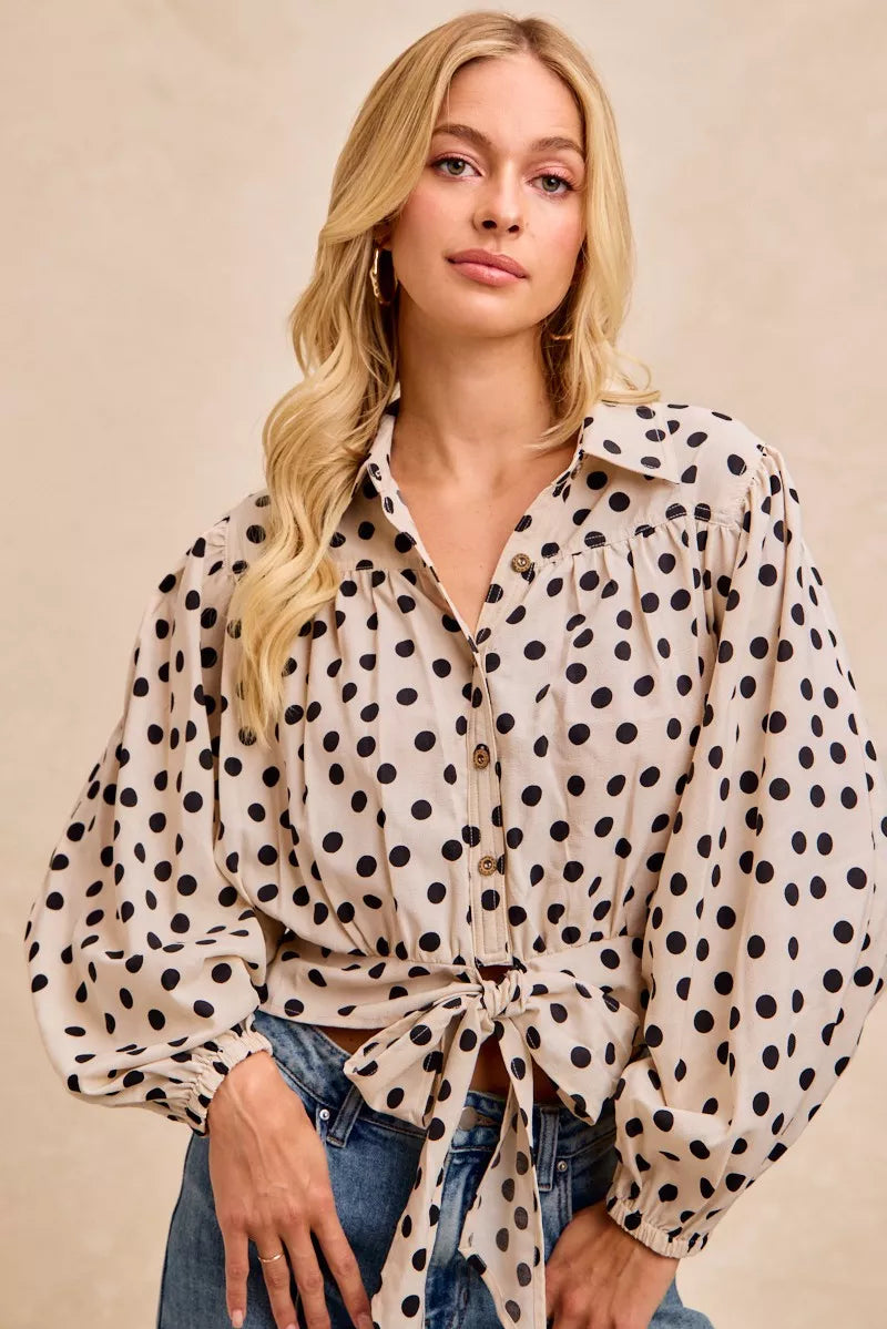 BiBi Polka Dot Print Tie Hem Detail Crop Shirt 5d58c4bdd47b4bb9afe37e57ab51f294-Max-Origin