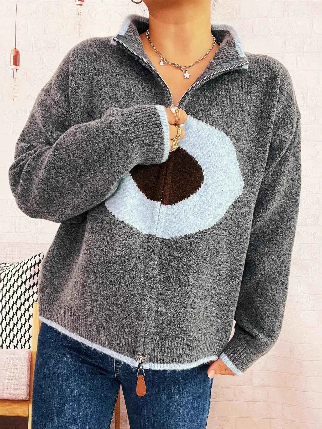 Zip-Up Contrast Trim Cardigan 5d5d3b0d23cd44629d394cfa2a17f0ce-Max-Origin
