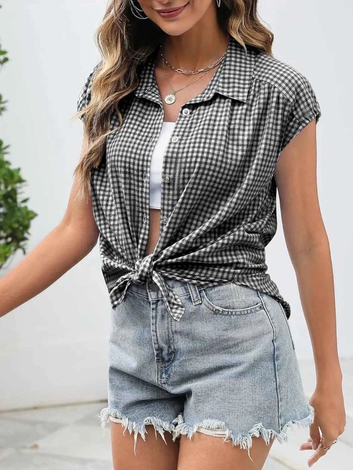 Plaid Button Up Cap Sleeve Shirt 5d67ad22-cf8b-42d4-9205-d90d0b94303c-Max-Origin