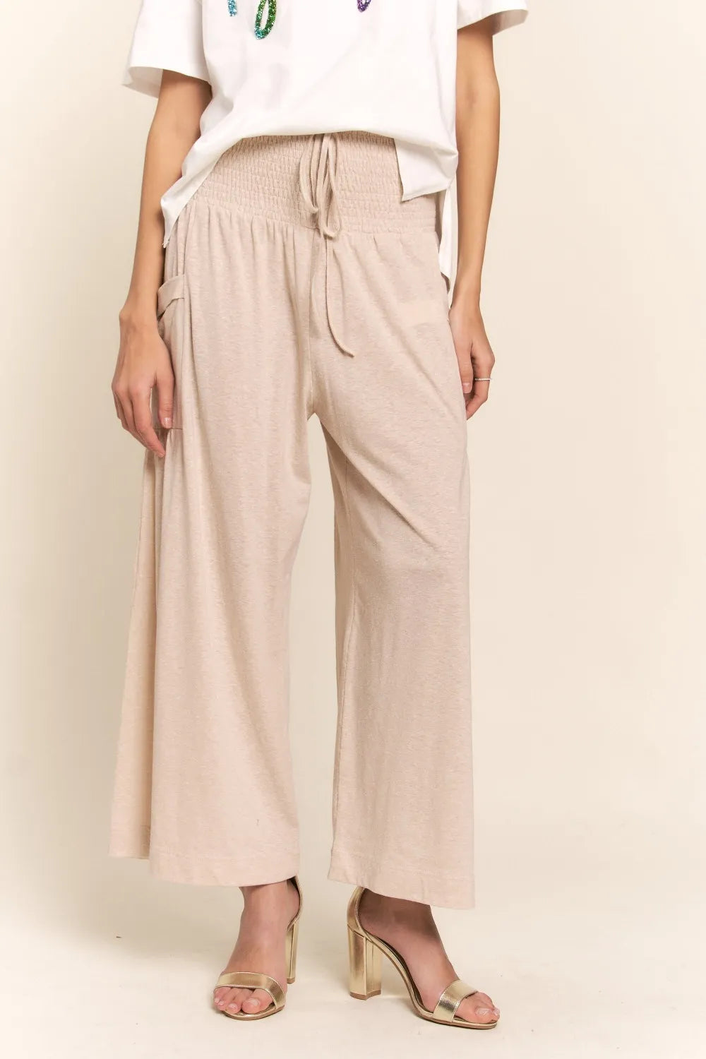 J.NNA Smocked Waist Boho Wide Leg Pants with Pockets Light Beige 5d6acb7f-dfa8-4eff-ab00-caf03e94cca2-Max