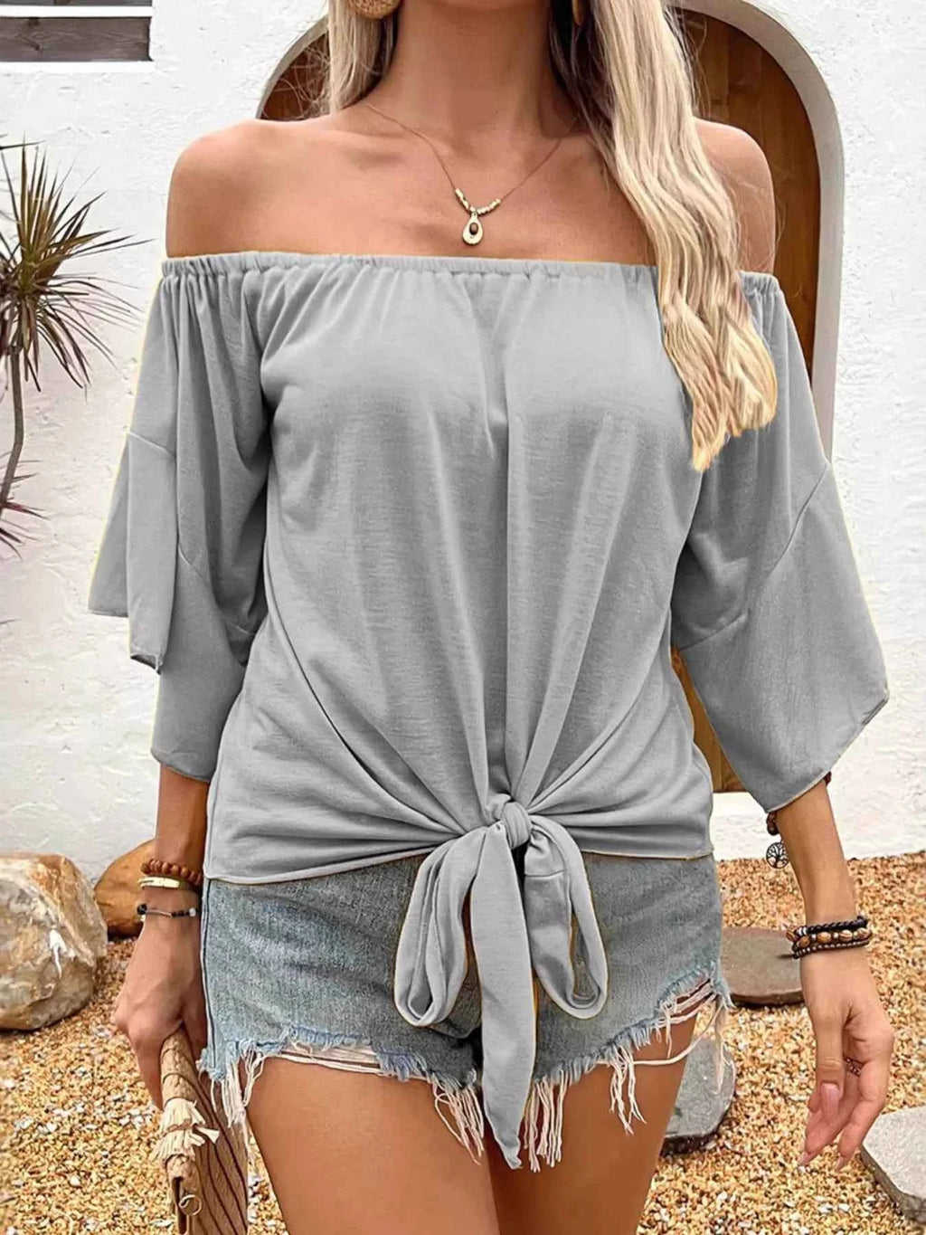 Off-Shoulder Tie-Front T-Shirt Grey 5d7046314d8d43e1a83d937b4a9d5a37-Max-Origin