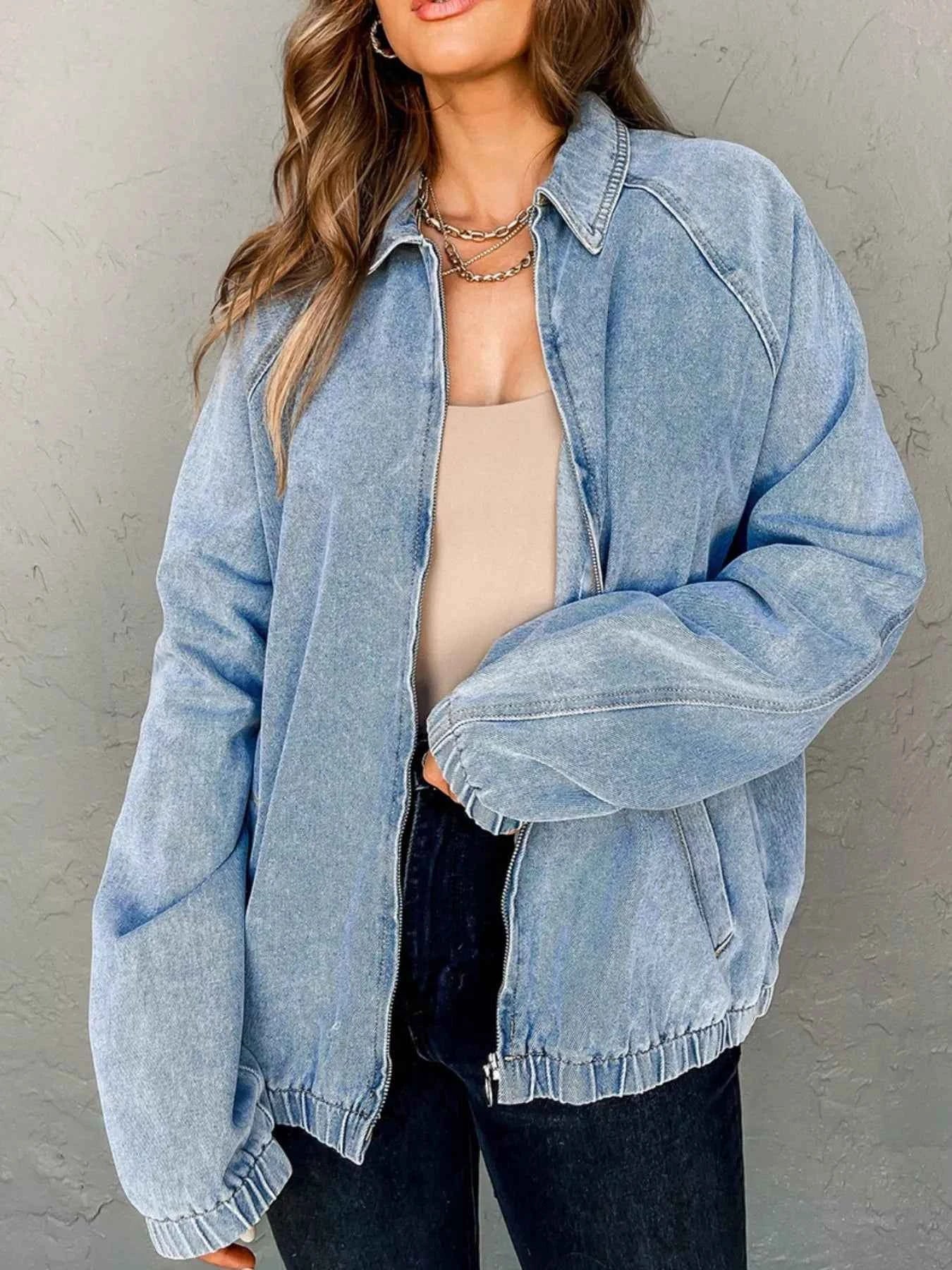 Elastic Edge Collared Zip Up Denim Jacket With Pocket 5d711d63-ec53-40d9-ae13-63aedd409b06-Max-Origin