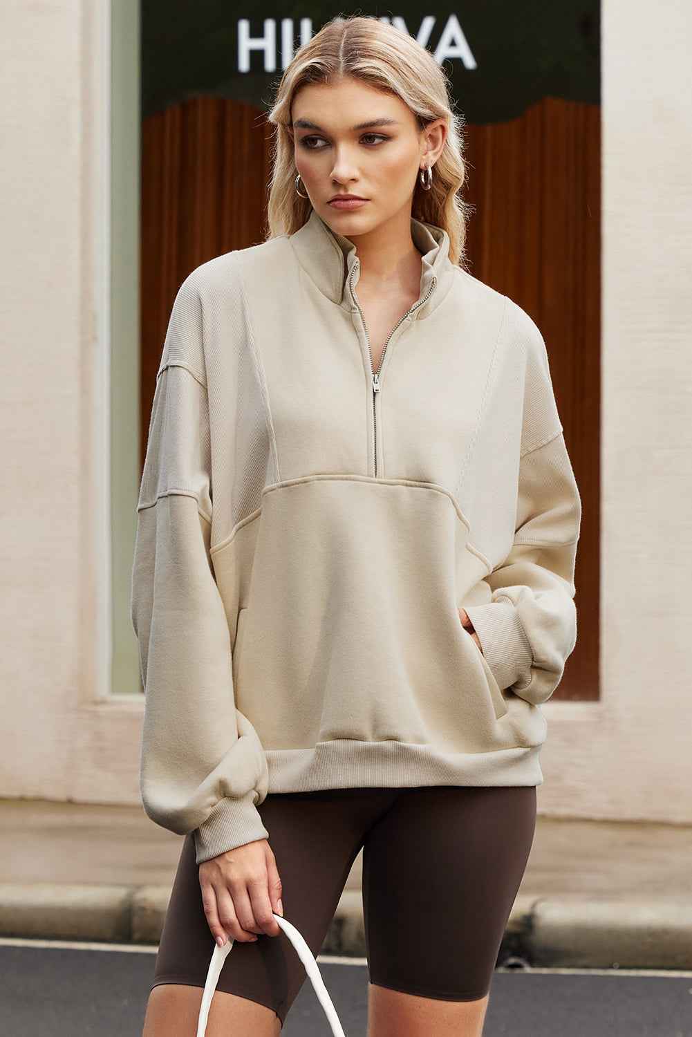 Black Half Zip Stand Collar Exposed Seam Solid Color Casual Sweatshirt 5d75e280c748e6a1