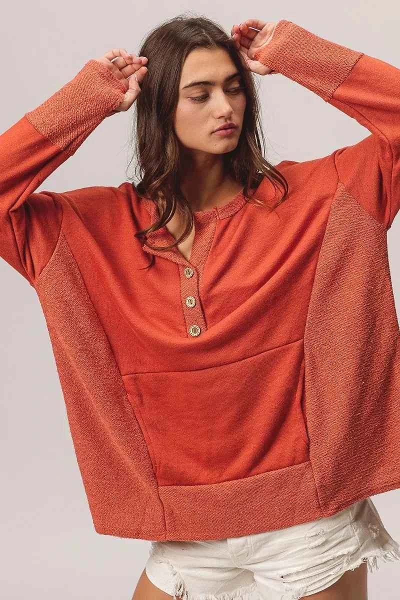 French Terry Knit Side Block Buttoned Henley Top 5d773dd41ab74688a565d16e18bd400a-Max-Origin