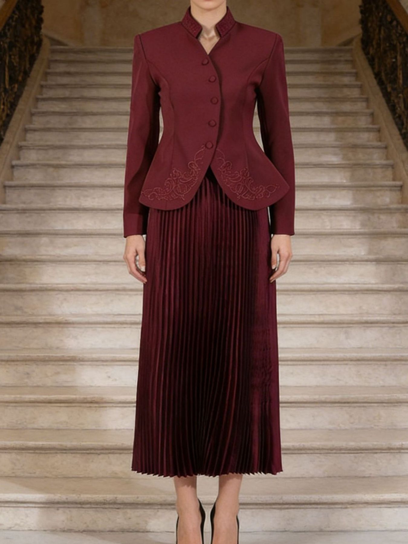 Button Up Long Sleeve Top and Pleated Skirt Set 5d7883ae-3cc9-465c-9981-1450a4a12c2a-Max