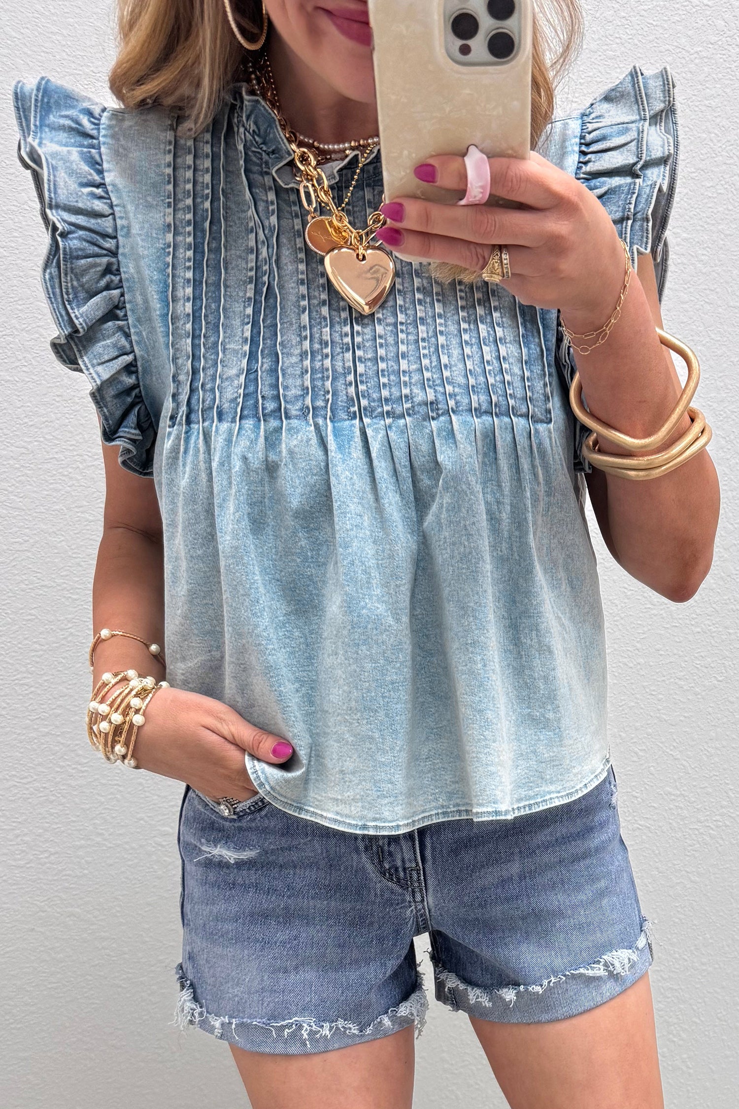 Beau Blue Ruffle Pleated Detail Vintage Washed Denim Top Beau Blue 74.7%Cotton+16.5%Polyester+8.8%Regenrated Fibre 5d7fbb47219e8922