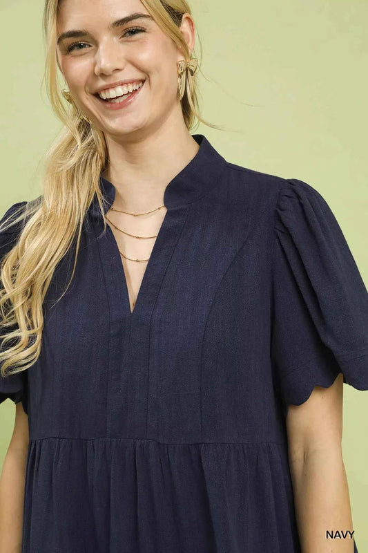 Linen Tiered Babydoll Dress with Scalloped Sleeves 5d81772a-a178-4f55-8fea-c8728c438bf3-Max-Origin