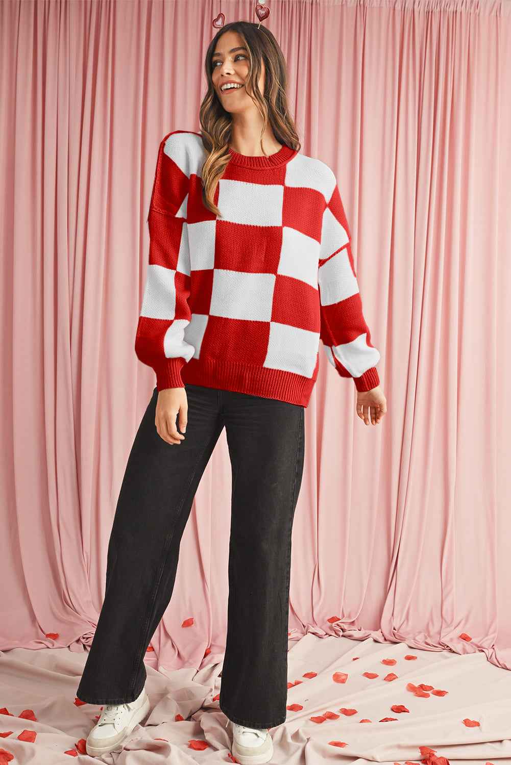 Fiery Red Plaid Bishop Sleeve Pullover Sweater 5d82f4991eb0aebe