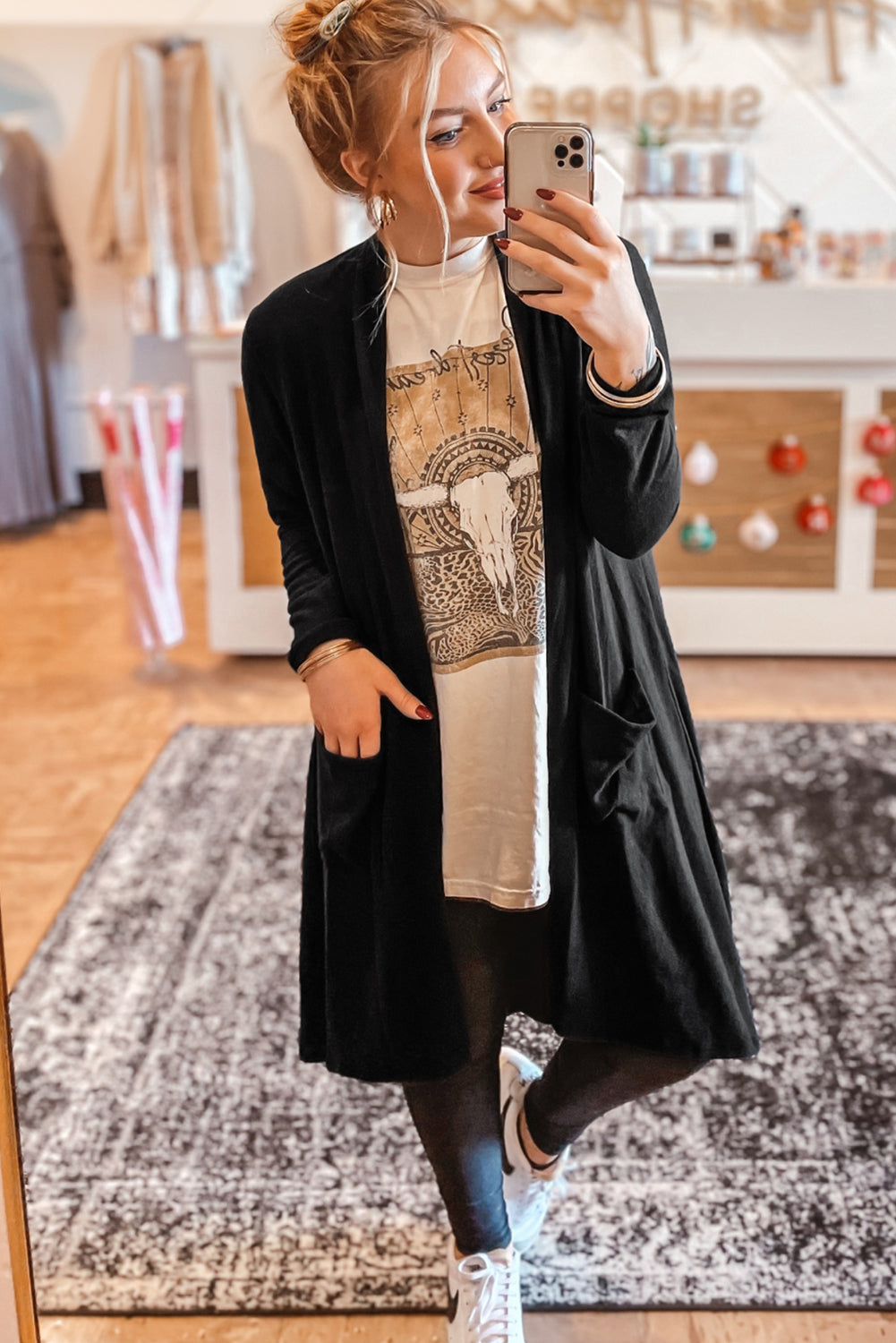 Black Solid Color Open Front Cardigan with Pocket 5d892daf2d850d3d