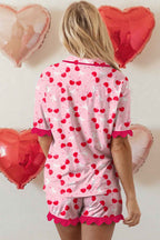 Rose Cherry Bow Mixed Print Scalloped Edge Short Pajama Set 5d93f06587eb5dac