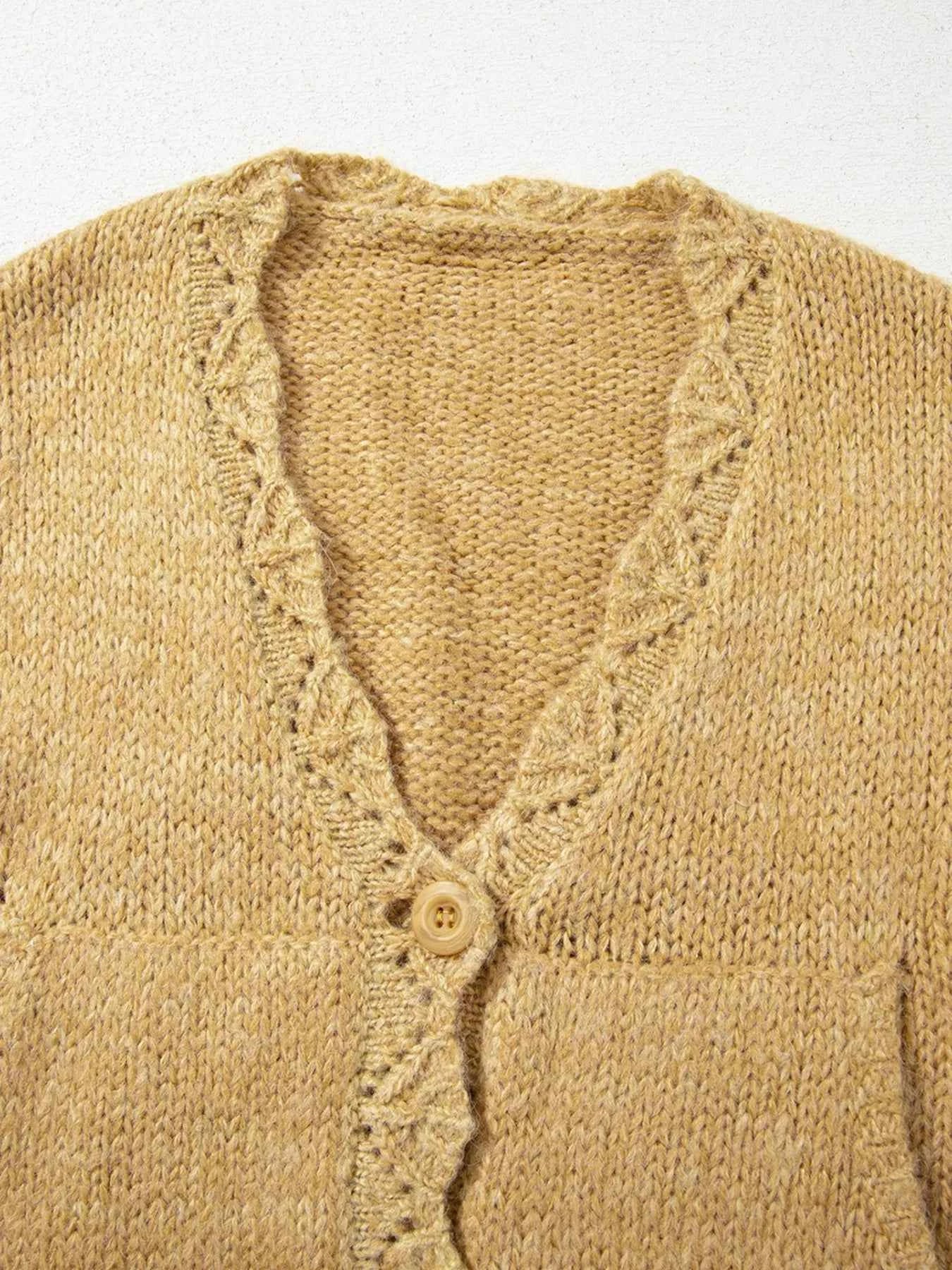 Lantern Sleeve Scallop V Neck Buttoned Front Cardigan 5d945c987f4845858c945a3142191c12-Max-Origin