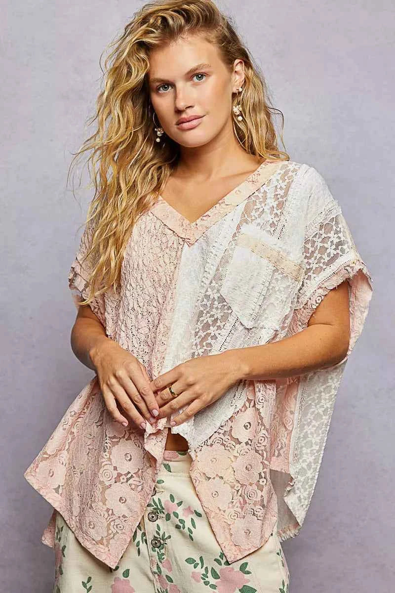 POL Asymmetrical V-Neck Short Sleeve Lace Top BLUSH 5d967167-51f0-4678-bc95-3d37cd2bcd4f-Max-Origin