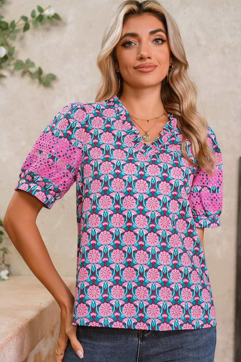 Sachet Pink Frill V-Neck Abstract Print Puff Sleeve Top 5d9a294e0e747e5e