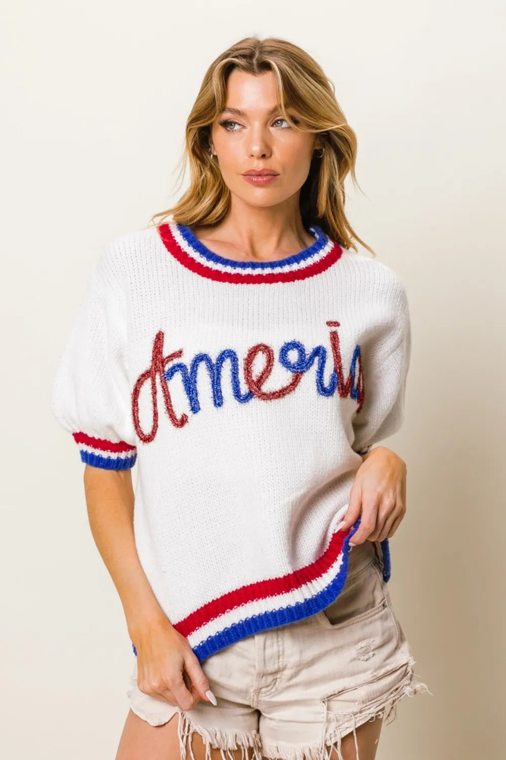 BiBi Metallic America Letter Short Sleeve Sweater 5d9a87bb-8843-4432-af8c-56860db4c3af-Max