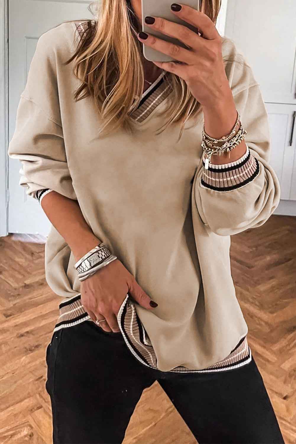 Parchment Varsity Contrast Trim V Neck Sweatshirt Parchment 65%Polyester+35%Cotton 5d9dc6b50c4876a4