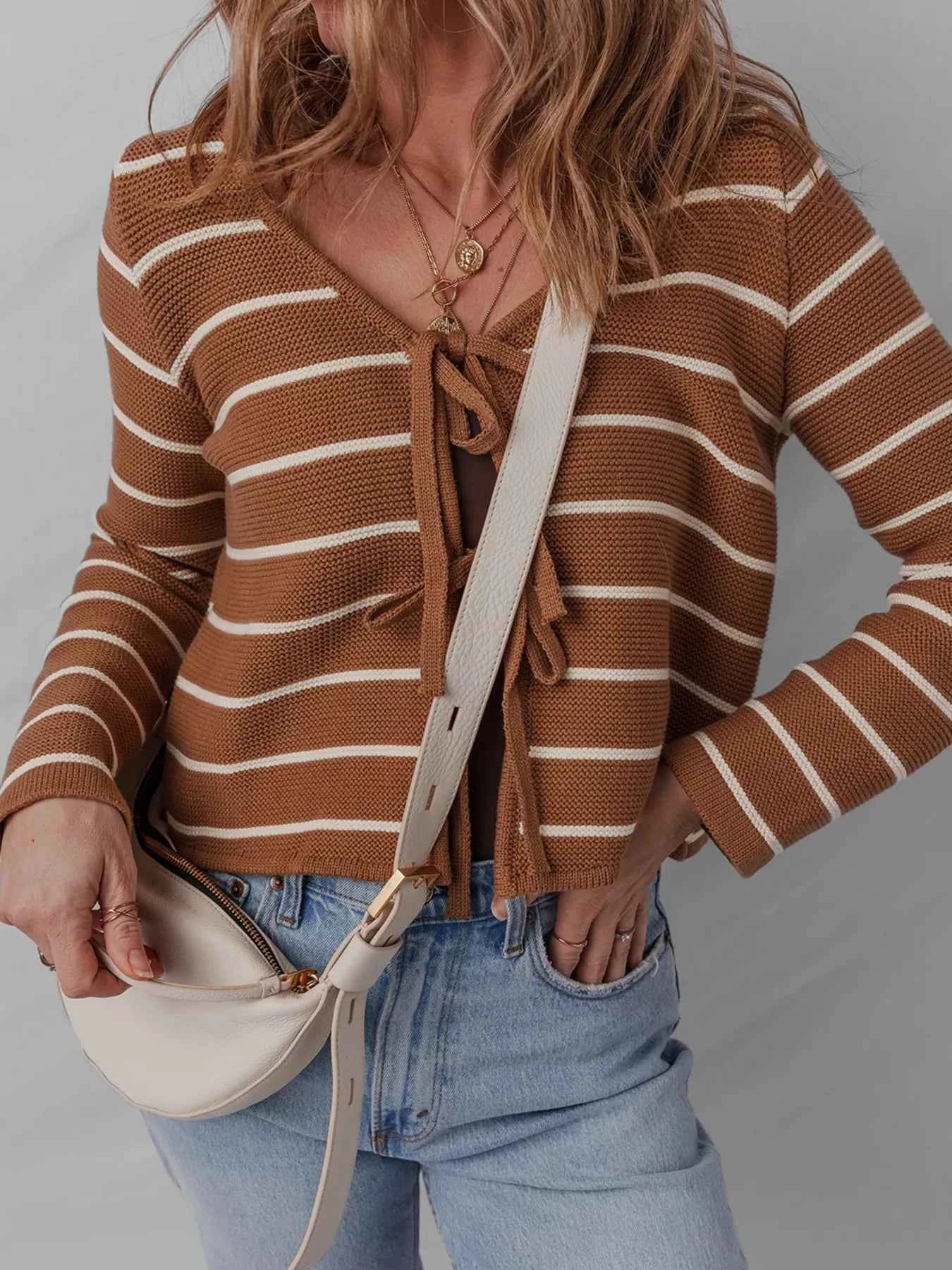 Tie Front Striped Knit V Neck Cardigan 5da071bf9e964e5aa50992e3958e6777-Max-Origin
