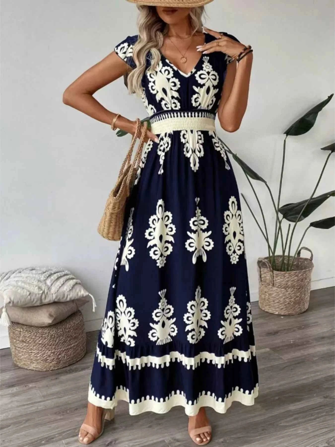 Printed V-Neck Ruffled Cap Sleeve Dress 5da1dbfcf65e43fda262428455f9e091-Max-Origin