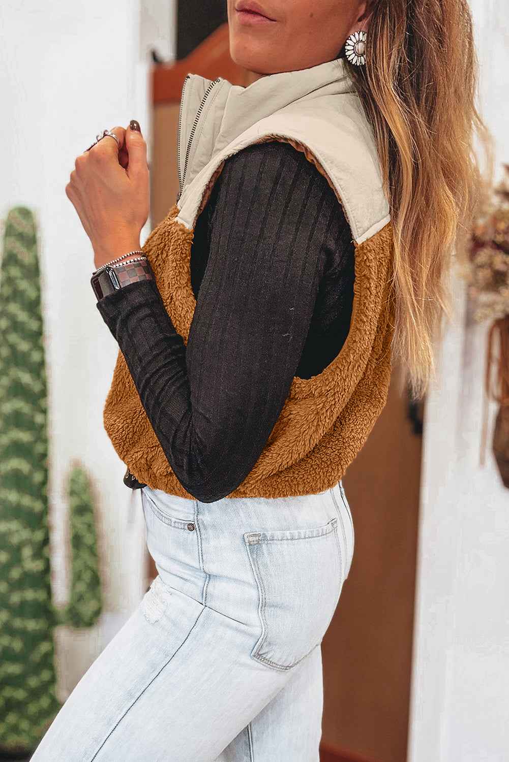Chestnut Plush Patchwork Zipper Stand Neck Vest 5da3e42b58ca149f