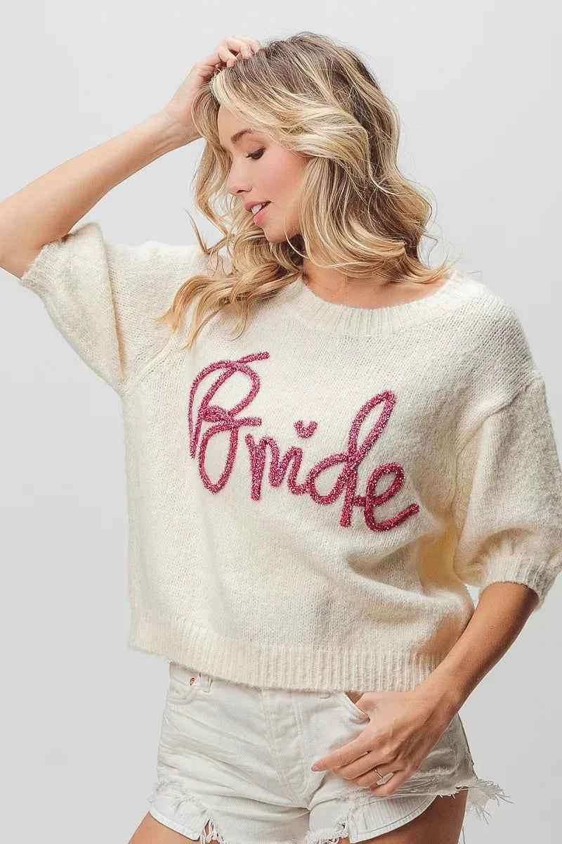 BiBi Metallic Letter Short Puff Sleeve Hairy Sweater 5da8388ca9884c73939868e152406103-Max-Origin
