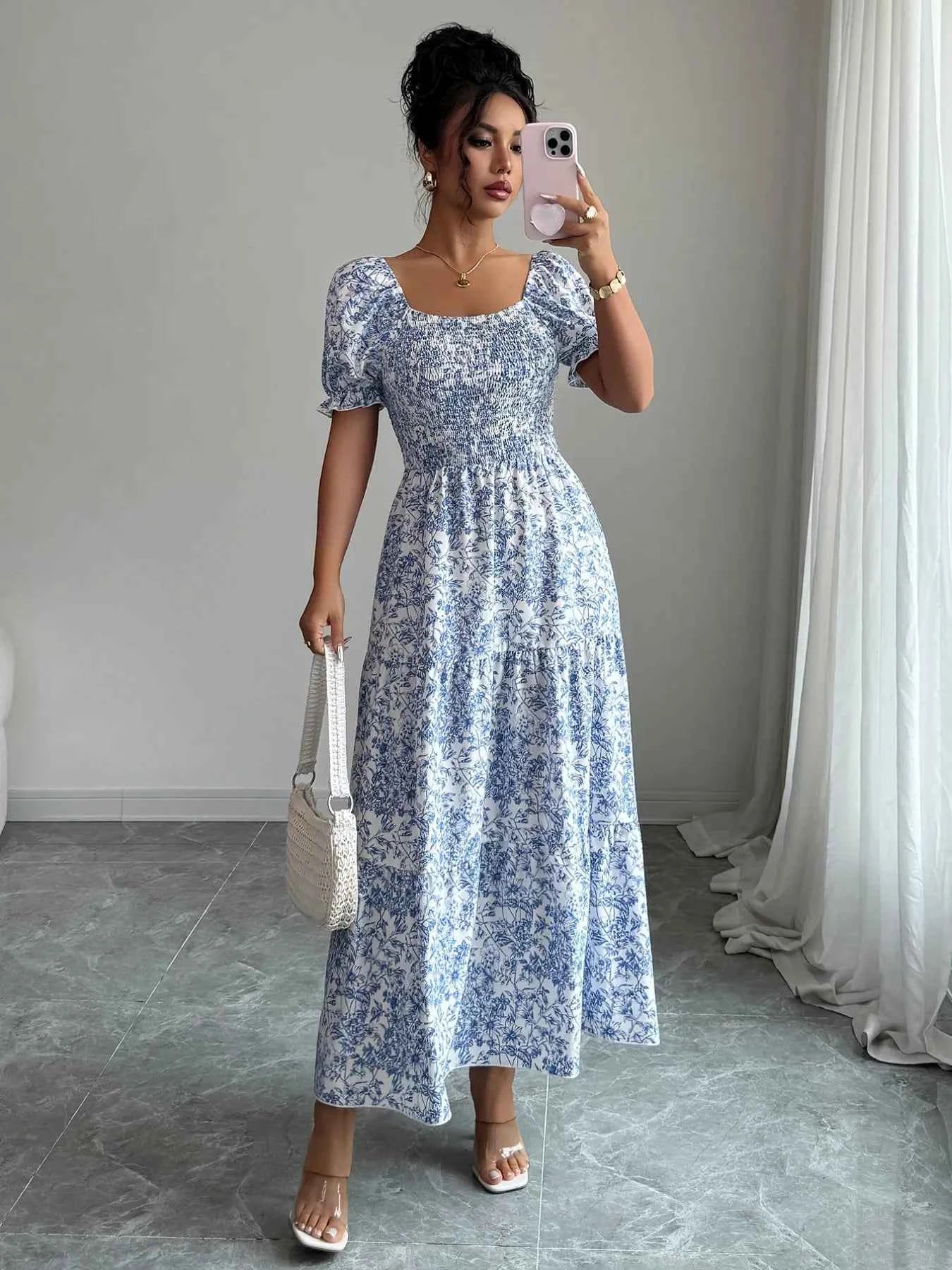 Smocked Printed Short Sleeve Dress Light Blue 5da8ae38-b0b0-43a8-aa89-6f7ea22874ea-Max-Origin
