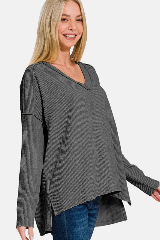 Texture Exposed Seam V-Neck Long Sleeve T-Shirt 5daf3e74-5d7f-4880-b176-f71bcdfe3927-Max