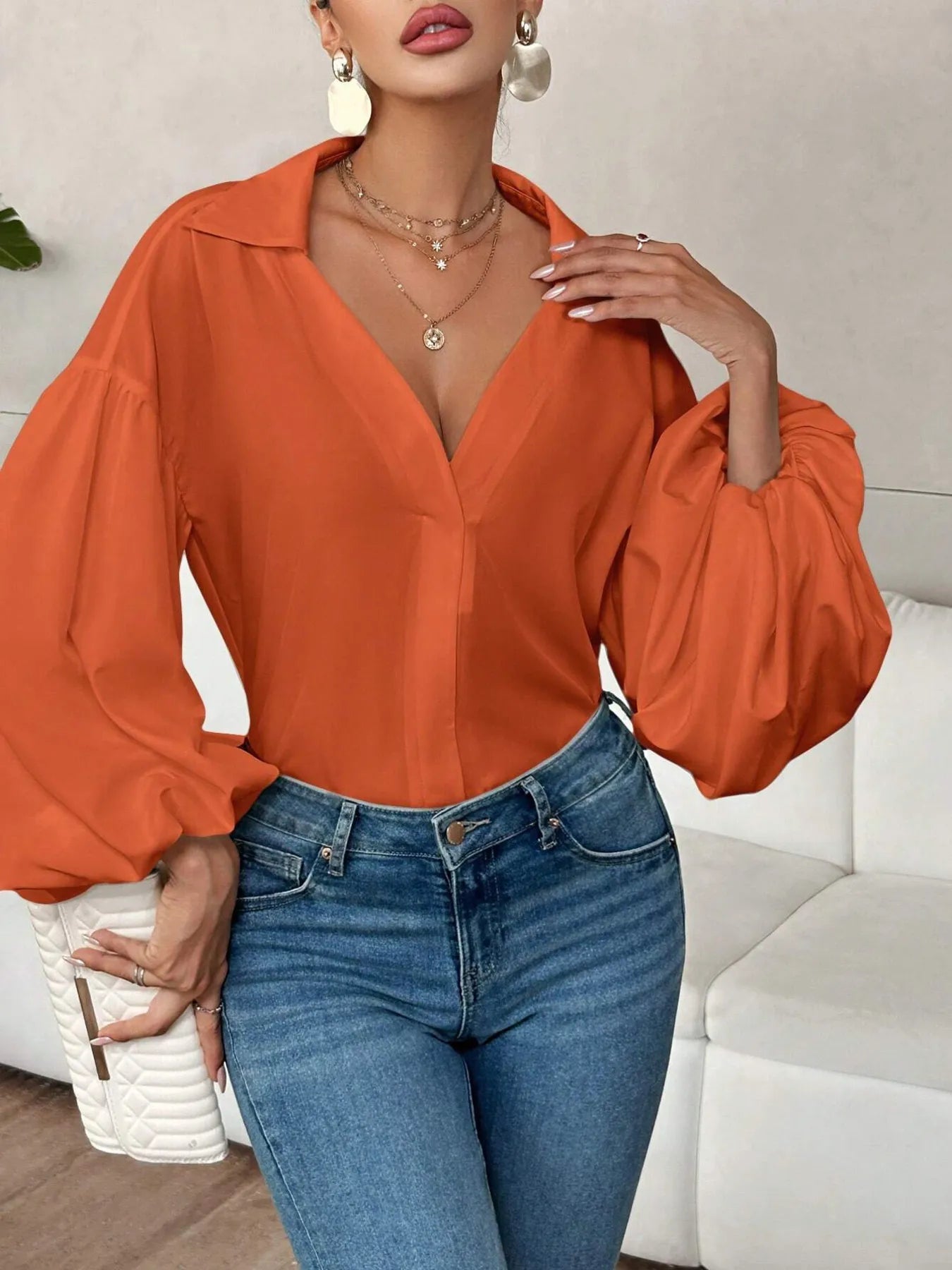 Polka Dot Balloon Sleeve Blouse Orange Red 5dba7a64e0fa49a08c9b1d05c51f6363-Max-Origin