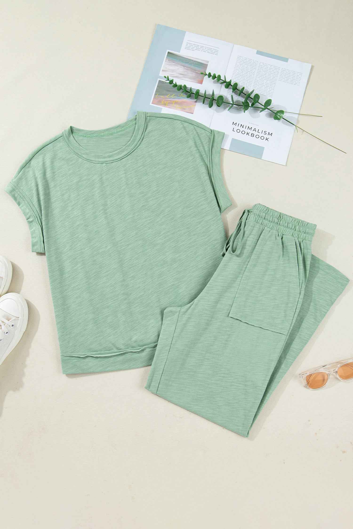 Canton Cuffed Short Sleeve Tee Raw Seam Patch Pocket Drawstring Pants Set 5dbdd3f87dbff4ff