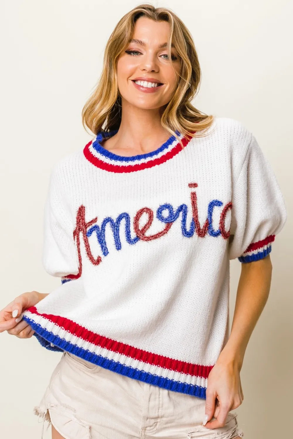 BiBi Metallic America Letter Short Sleeve Sweater 5dc15eda-5613-4dc9-b264-604927931880-Max