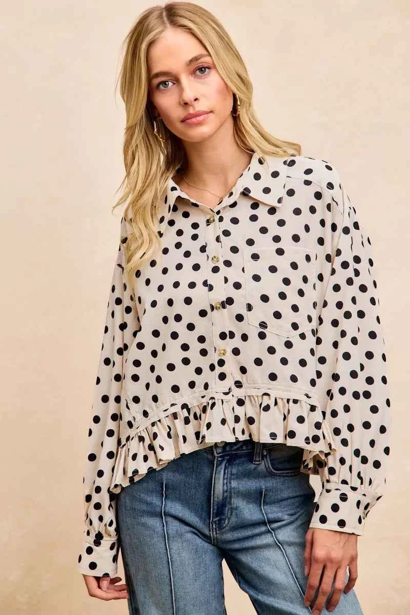 BiBi Crinkle Polka Dot Ruffled Hem Button Up Shirt Top 5dca0abc6e7e4adab98f2083380373d7-Max-Origin