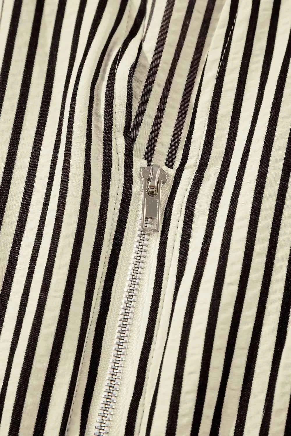 Stripe V Neck Zip Front Cinched High Waist Midi Dress