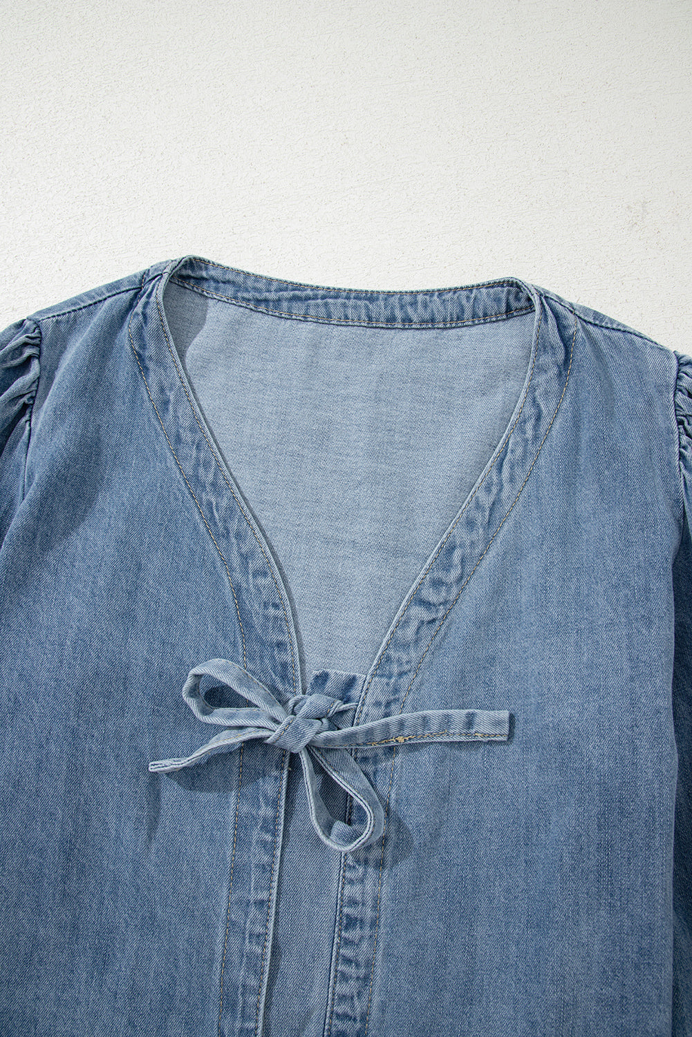 Dusk Blue Bow Tie Front Puff Sleeve Denim Top 5dd2345ac125ba66