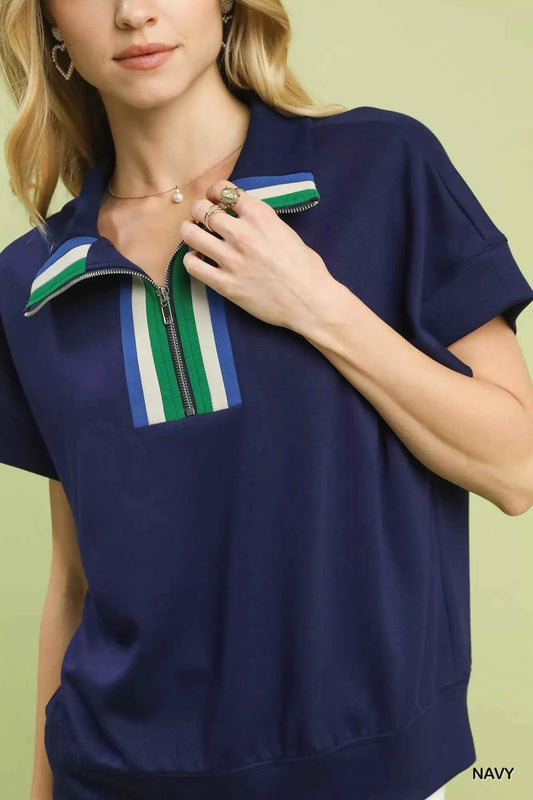 Striped Collared Neck Half-Zip Top 5dd5aee8-b586-4772-9c25-89dec9ddc60d-Max-Origin